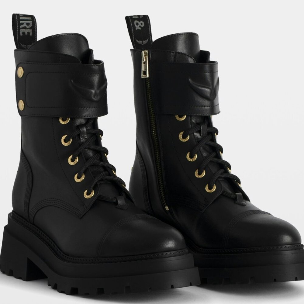 NIB Sold Out Zadig & Voltaire Black Leather with Gold Combat Joe Boots Size 40
